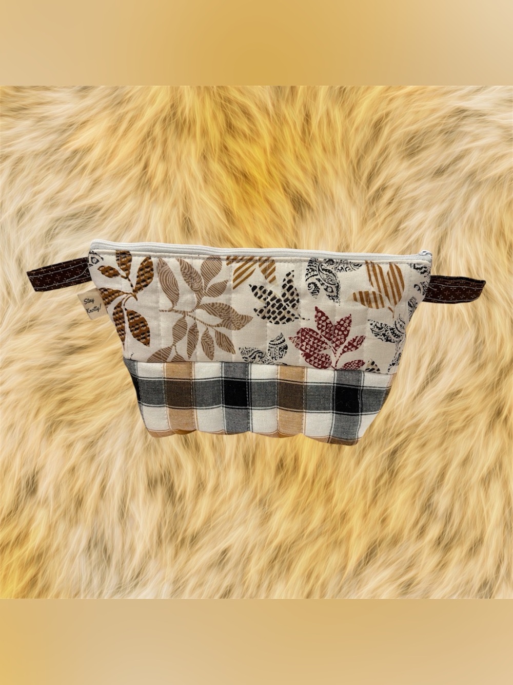 Floral Plaid Ruffle Cosmetic Pouch in Brown and Cream - Picture 2 of 3